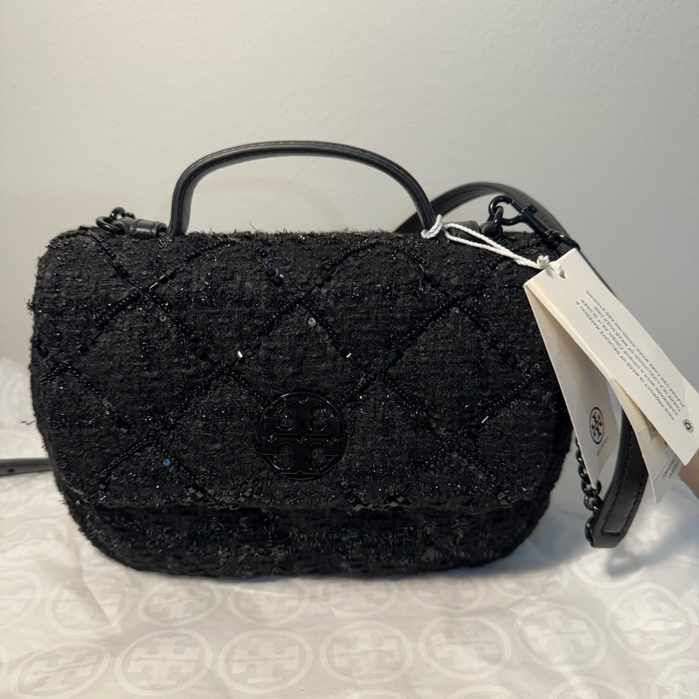 NWT Tory Burch Mini Willa Beaded Tweed Crossbody Top Handle Bag Black